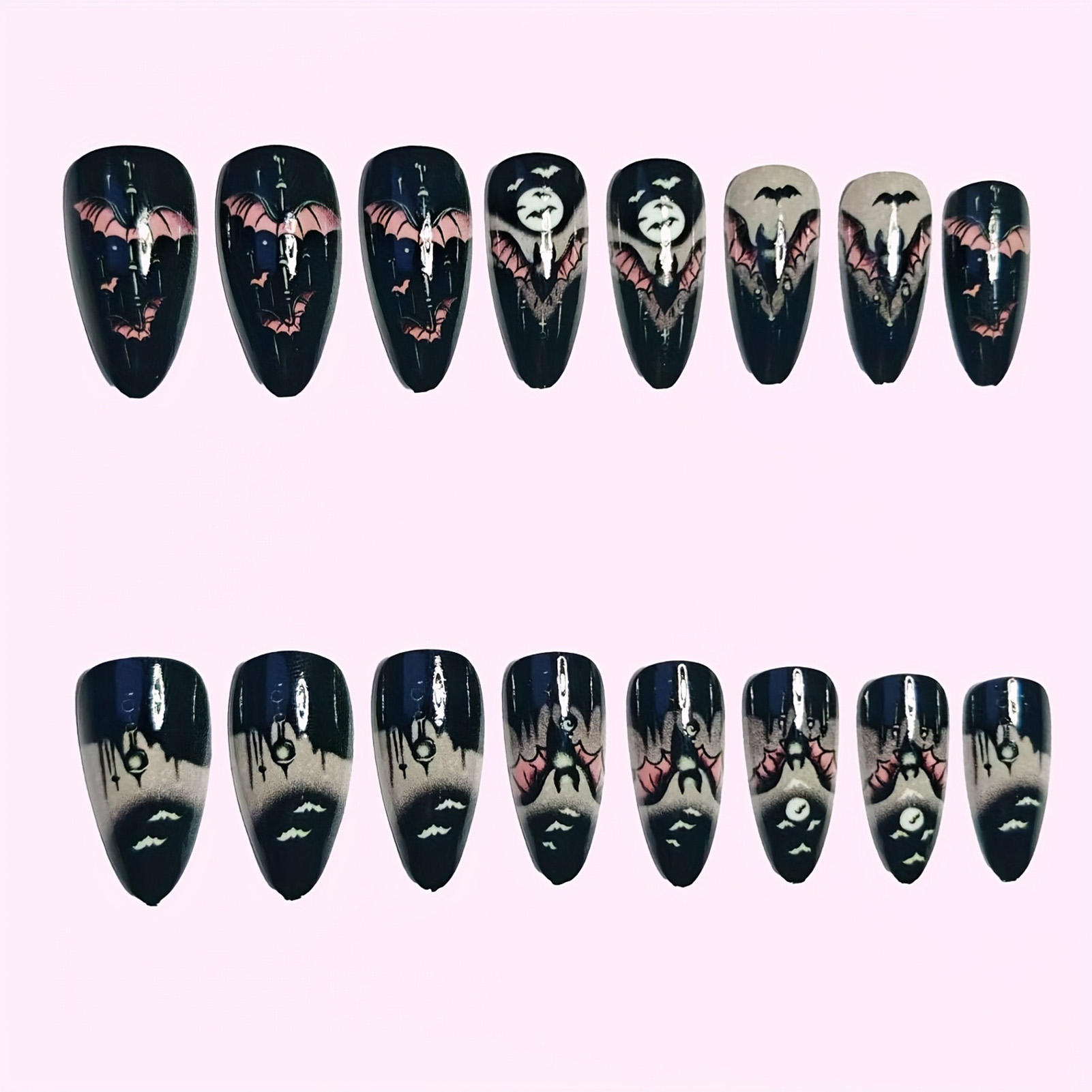 24개 할로윈 가짜 손톱 블랙 아몬드 프레스온 네일 무 - Cosplay Bat Prop 리뷰 및 가격
